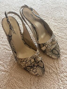 Expressions Snake-Print Slingback Heels in Beige and Black